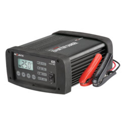 Black, side view of 25A Automatic Workshop Charger with clamps